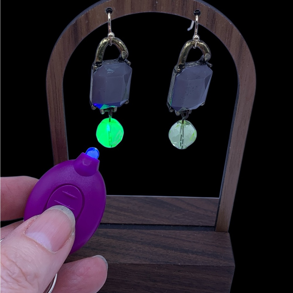 Glowing Green Uranium Glass and Purple Stone Earrings